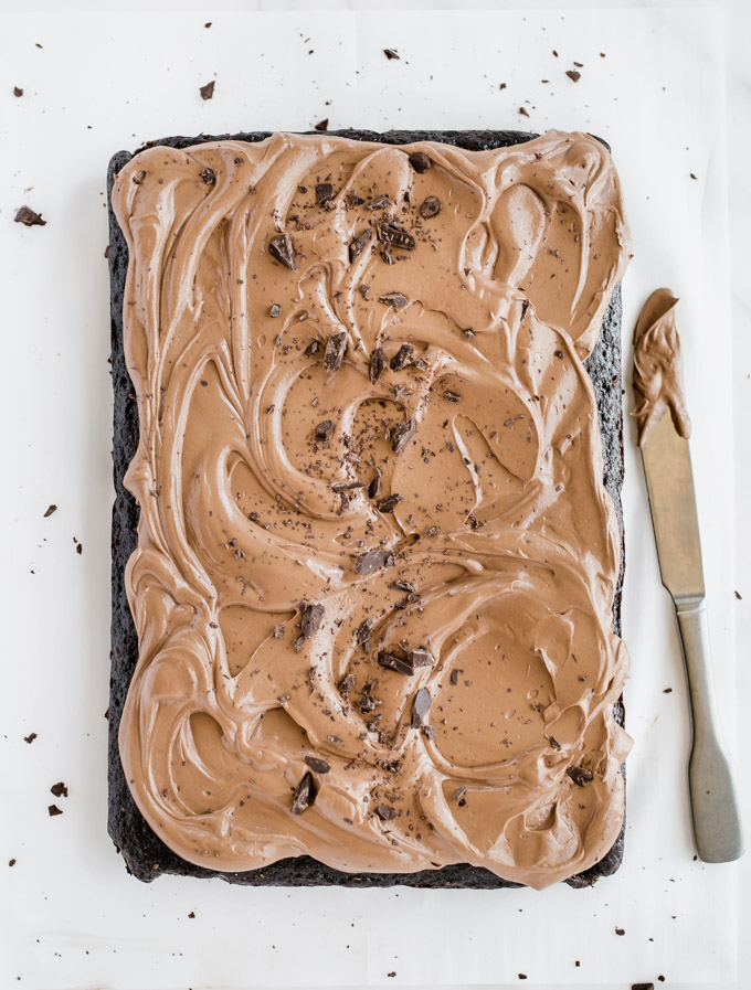 chocolate espresso cake, chocolate cake, chocolate sheet cake, sheet cake, chocolate fudge buttercream frosting